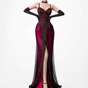 Vintage Y2K Pink Beaded Mesh Slit Front Fit Flared Maxi Prom Dress Size S